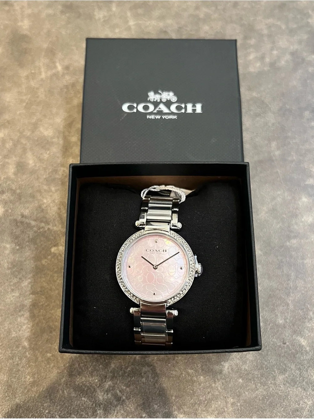Coach Silver Bracelet Watch with Pale Pink Logo Dial
